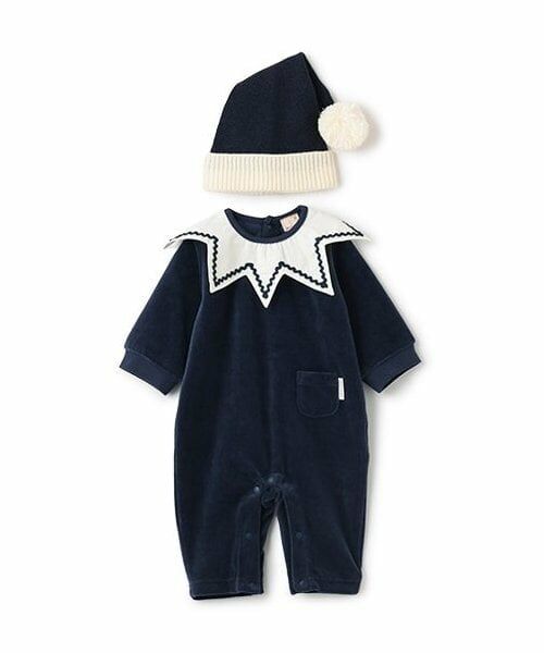 petit main / プティマイン ロンパース | Xmas なりきりサンタ帽付きカバーオール（紺）