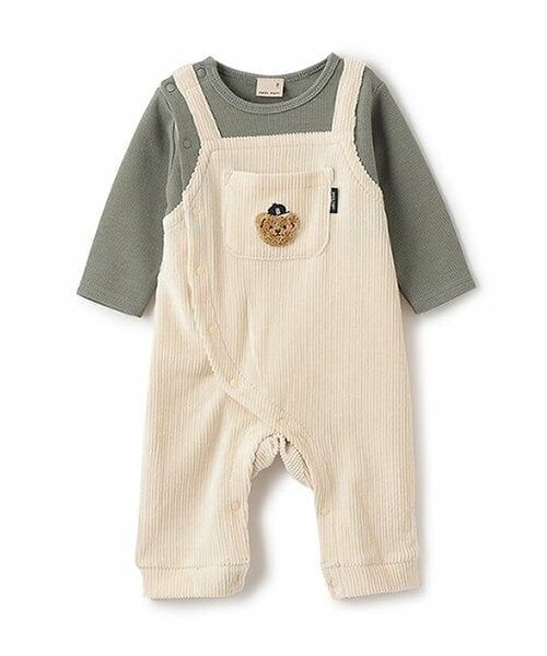 petit main / プティマイン ロンパース | クマアップリケサロペ風カバーオール（アイボリー）