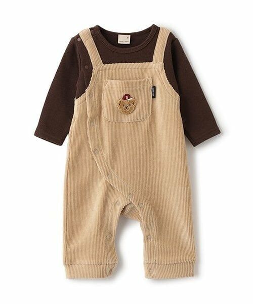 petit main / プティマイン ロンパース | クマアップリケサロペ風カバーオール（ベージュ）
