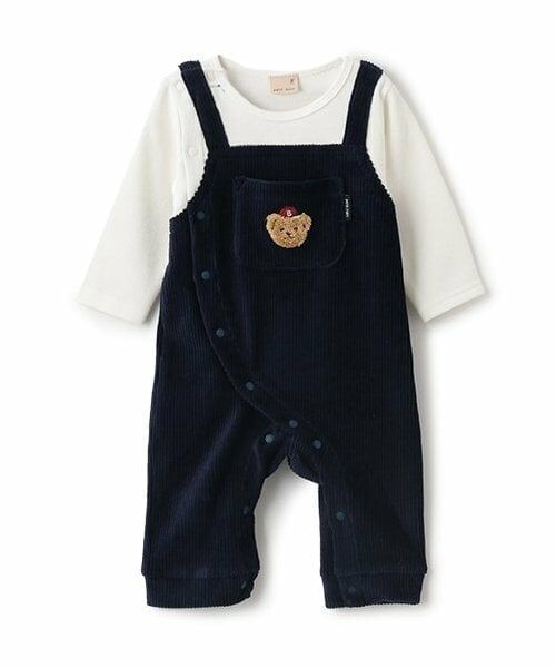 petit main / プティマイン ロンパース | クマアップリケサロペ風カバーオール（紺）