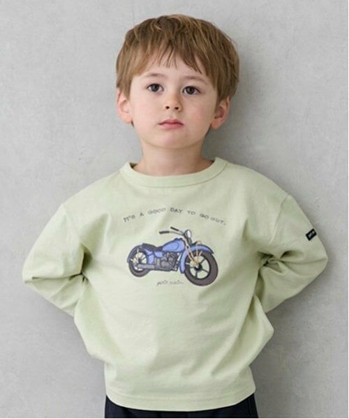 petit main / プティマイン Tシャツ | 乗り物アップリケ長袖Tシャツ（ライト グリーン）