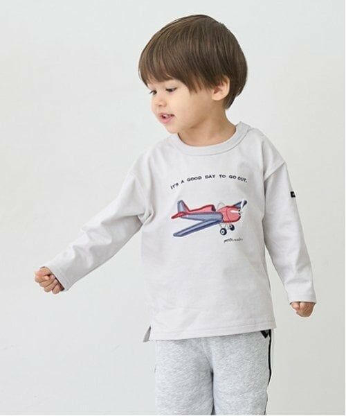 petit main / プティマイン Tシャツ | 乗り物アップリケ長袖Tシャツ（グレー）