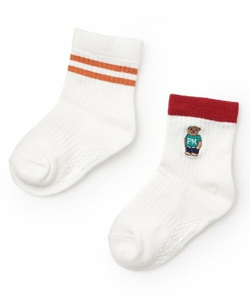 petit main / プティマイン ソックス | くま・ラインクルーソックス2P（オレンジ）