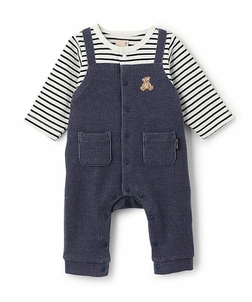 petit main / プティマイン ロンパース | クマ刺しゅうサロペ風カバーオール（ブルー）