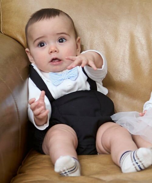 petit main / プティマイン ベビー・キッズウエア | ネクタイ付きロンパース+パンツセット(オフ ホワイト)