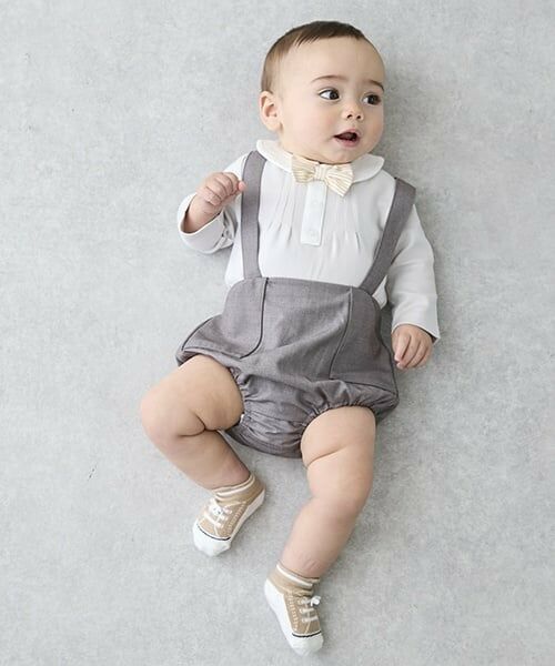 petit main / プティマイン ベビー・キッズウエア | ネクタイ付きロンパース+パンツセット(ライト グレー)