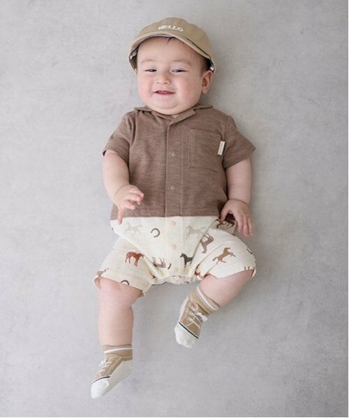 petit main / プティマイン ロンパース | 【リンク】アソート柄パンツカバーオール（モカ茶）