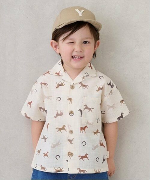 petit main / プティマイン シャツ・ブラウス | 【リンク】マルチ柄開衿半袖シャツ(キッズ)（生成）