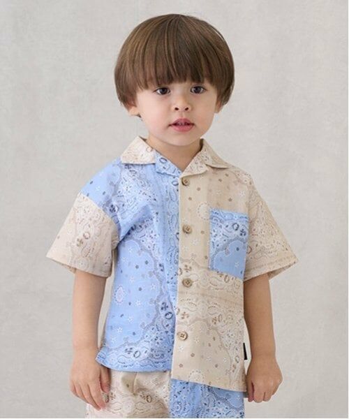 petit main / プティマイン シャツ・ブラウス | 【リンク】マルチ柄開衿半袖シャツ(キッズ)（サックス）