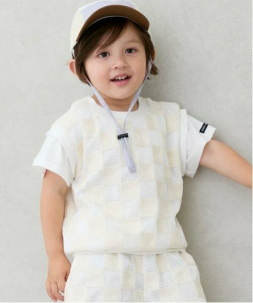 petit main / プティマイン Tシャツ | スクエア刺しゅうドッキング半袖Tシャツ（生成）