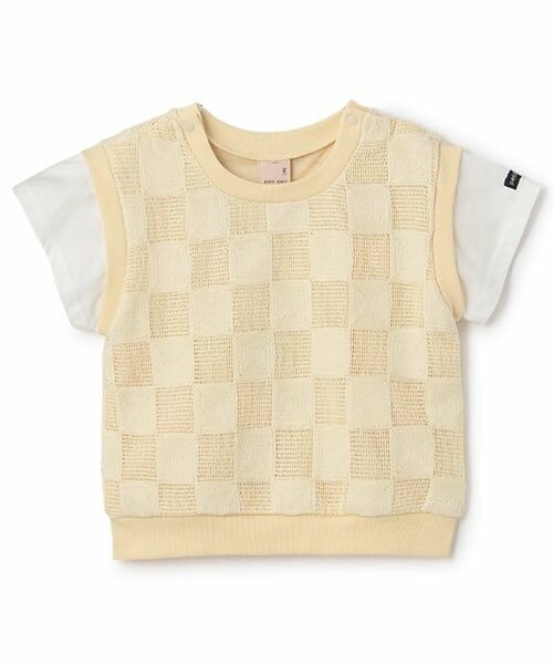 petit main / プティマイン Tシャツ | スクエア刺しゅうドッキング半袖Tシャツ（クリーム）