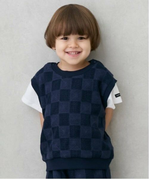 petit main / プティマイン Tシャツ | スクエア刺しゅうドッキング半袖Tシャツ（紺）