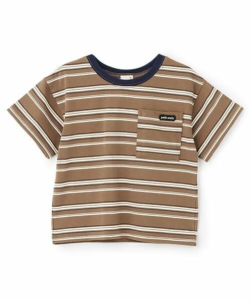 petit main / プティマイン Tシャツ | 【防汚加工】マルチボーダー半袖Tシャツ（茶）