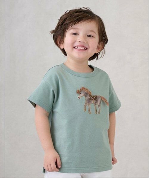 petit main / プティマイン Tシャツ | アップリケ車・ポニー半袖Tシャツ（ライト グリーン）