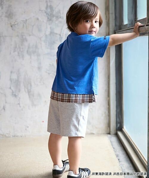 petit main / プティマイン Tシャツ | 【新幹線】裾チェックアップリケ半袖Tシャツ | 詳細1