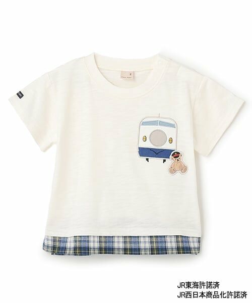 petit main / プティマイン Tシャツ | 【新幹線】裾チェックアップリケ半袖Tシャツ（アイボリー）