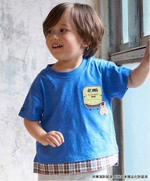 petit main / プティマイン Tシャツ | 【新幹線】裾チェックアップリケ半袖Tシャツ（ブルー）