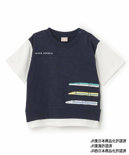 petit main / プティマイン Tシャツ | 【新幹線】袖配色半袖Tシャツ（紺）