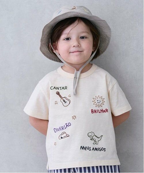 petit main / プティマイン Tシャツ | 【接触冷感】モチーフロゴ刺しゅう半袖Tシャツ（ECRU(キナリ)）