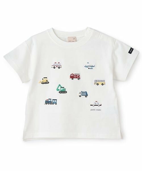 petit main / プティマイン Tシャツ | 【接触冷感】働く車刺しゅう半袖Tシャツ（オフ ホワイト）