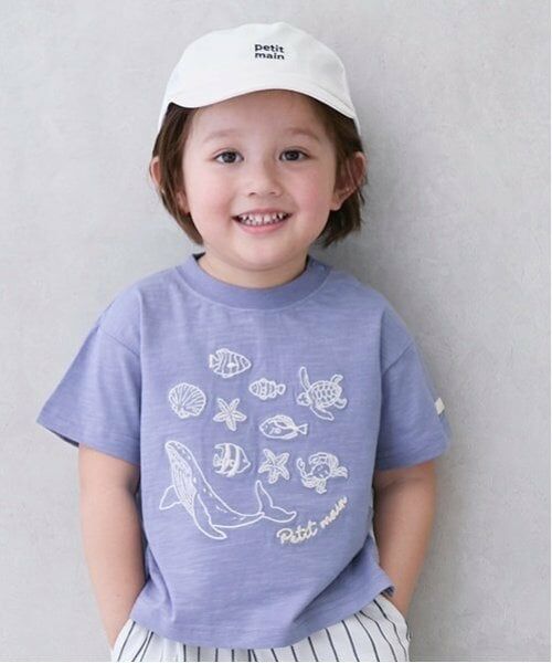 petit main / プティマイン Tシャツ | 【接触冷感】海刺しゅう半袖Tシャツ(キッズサイズ)(ブルー)