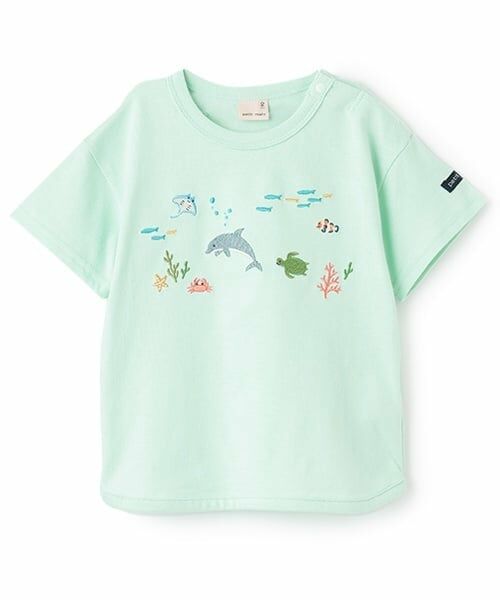 petit main / プティマイン Tシャツ | 海の生き物刺しゅう半袖Tシャツ（エメラルド グリーン）