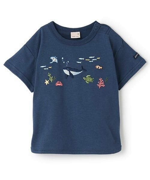 petit main / プティマイン Tシャツ | 海の生き物刺しゅう半袖Tシャツ（ブルー）
