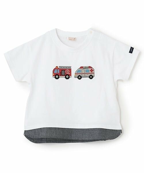 petit main / プティマイン Tシャツ | ブロックプリント半袖Tシャツ（オフ ホワイト）
