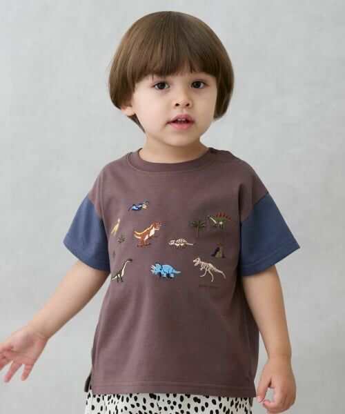 petit main / プティマイン Tシャツ | 恐竜刺しゅう半袖Tシャツ（モカ茶）