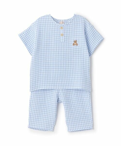 petit main / プティマイン ルームウェア | 【リンク】くま刺しゅうWガーゼパジャマ(キッズ)（ライト ブルー）