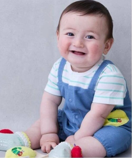 petit main / プティマイン ロンパース | 【はらぺこあおむし】サロペ風カバーオール（ブルー）