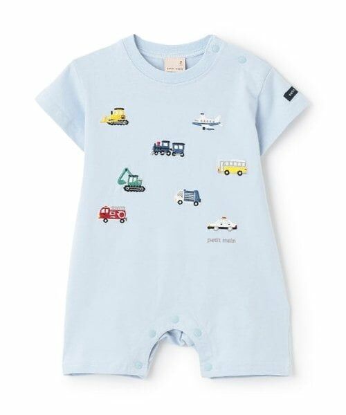 petit main / プティマイン ロンパース | 【リンク】働く車刺しゅうカバーオール（ライト ブルー）