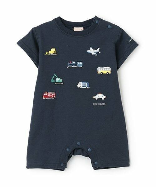 petit main / プティマイン ロンパース | 【リンク】働く車刺しゅうカバーオール（チャコール）