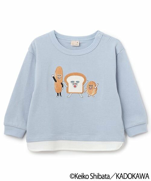 petit main / プティマイン Tシャツ | 【パンどろぼう】アップリケ長袖Tシャツ（ブルー グレー）