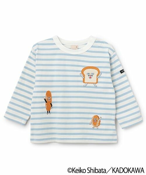 petit main / プティマイン Tシャツ | 【パンどろぼう】ボーダーモチーフ長袖Tシャツ（ライト ブルー）