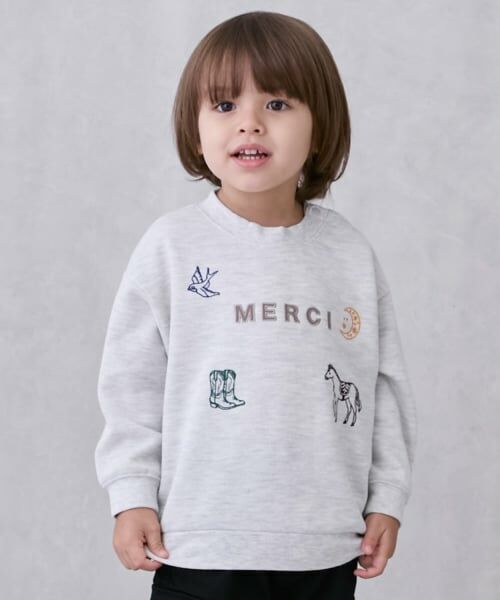 petit main / プティマイン Tシャツ | ロゴモチーフ接結長袖Tシャツ（シロ杢）