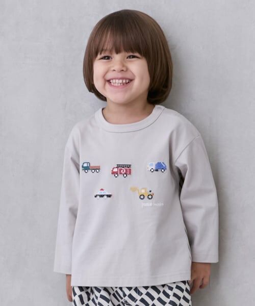 petit main / プティマイン Tシャツ | 働く車刺しゅう長袖Tシャツ（茶）
