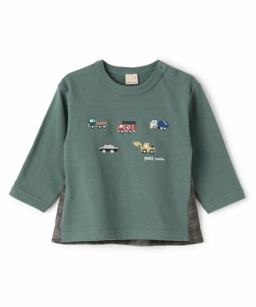 petit main / プティマイン Tシャツ | 働く車刺しゅう長袖Tシャツ（イエロー グリーン）