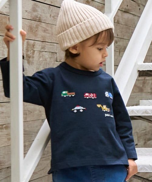 petit main / プティマイン Tシャツ | 働く車刺しゅう長袖Tシャツ（紺）