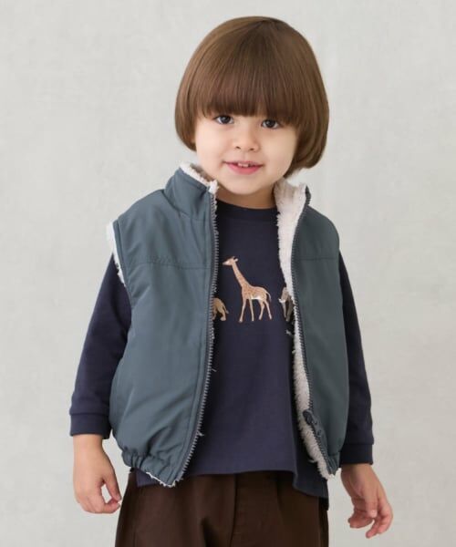 petit main / プティマイン ダウンジャケット・ベスト | 【洗える】無地×ボアリバーシブルベスト（モス グリーン）