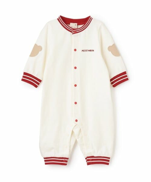 petit main / プティマイン ロンパース | 配色ラインリブカバーオール（オフ ホワイト）