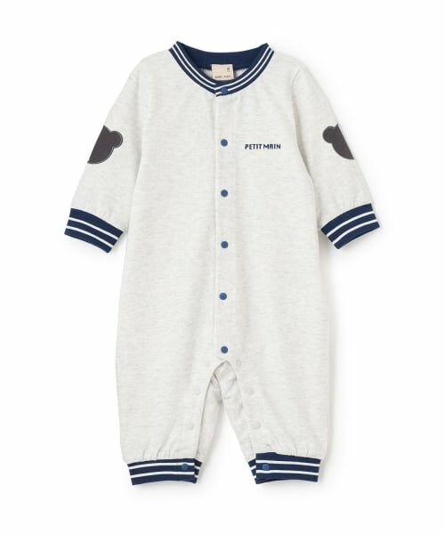 petit main / プティマイン ロンパース | 配色ラインリブカバーオール（シロ杢）