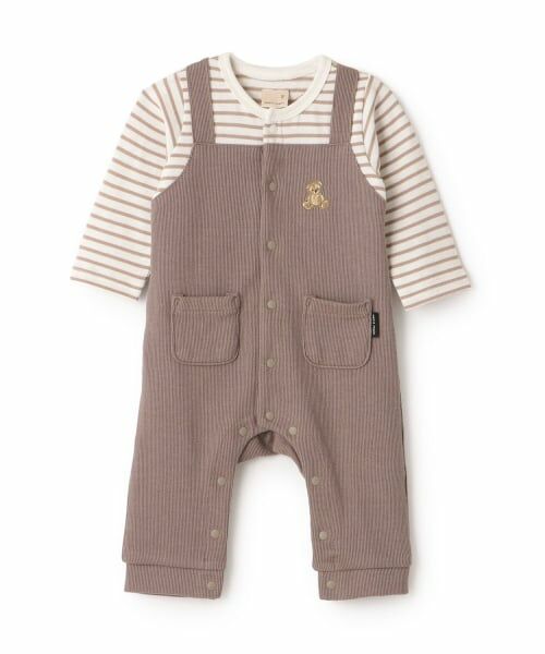 petit main / プティマイン ロンパース | クマ刺しゅうサロペ風カバーオール（茶）