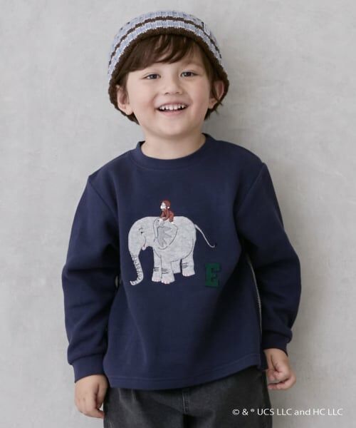 petit main / プティマイン Tシャツ | 【おさるのジョージ】接結アップリケ長袖Tシャツ（紺）