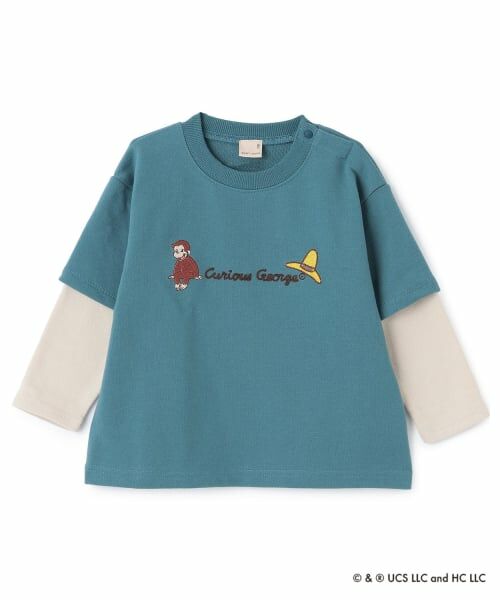 petit main / プティマイン スウェット | 【おさるのジョージ】重ね着長袖トレーナー（ブルー グリーン）