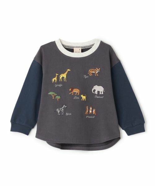 petit main / プティマイン Tシャツ | 動物刺しゅう長袖Tシャツ（チャコール）
