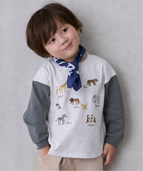 petit main / プティマイン Tシャツ | 動物刺しゅう長袖Tシャツ（シロ杢）