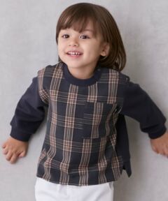 petit main / プティマイン Tシャツ | 【リンク】チェックドッキング長袖Tシャツ