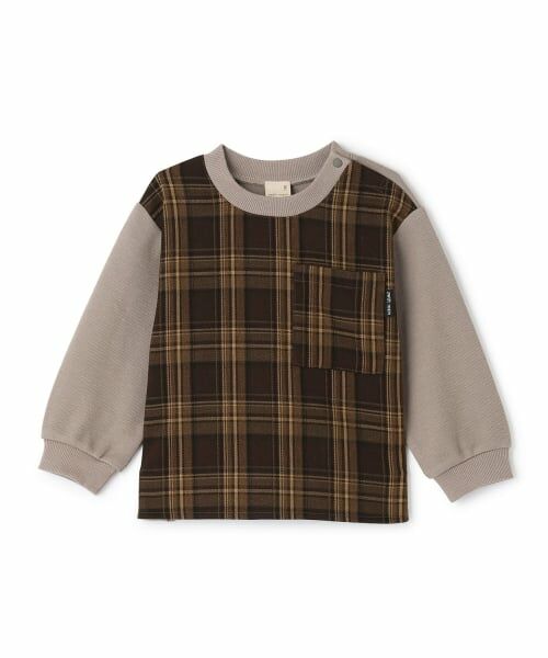 petit main / プティマイン Tシャツ | 【リンク】チェックドッキング長袖Tシャツ（ベージュ）