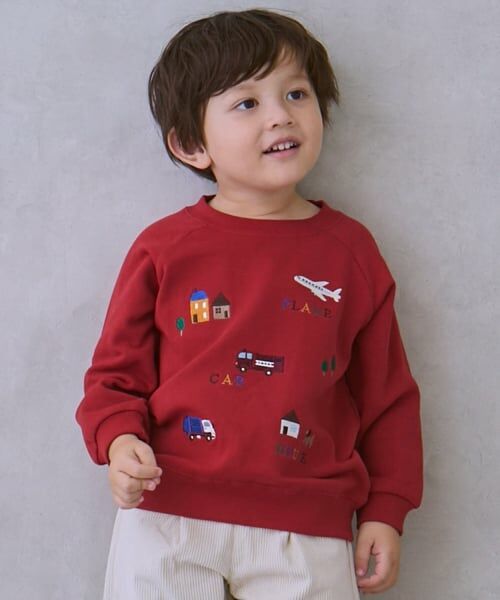 petit main / プティマイン スウェット | 働く車刺しゅうトレーナー（ディープ レッド）